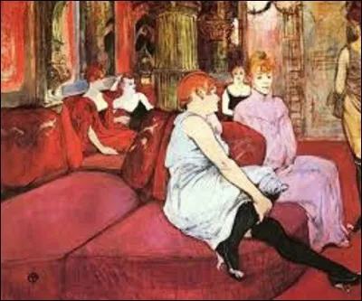 Commençons notre visite par cette toile peinte entre 1894 et 1895 s'intitulant ''Salon de la rue des Moulins''. Ce tableau représente quatre femmes en peignoir ou simplement en combinaison vautrées sur des coussins rembourrés, des divans en peluche dans le décor oriental de la maison close ''La Fleur blanche'' qui se situait au n°6 de la rue des Moulins. Quel postimpressionniste en est l'auteur ?