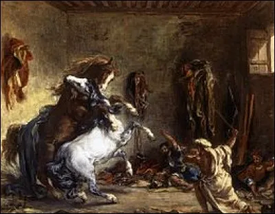 Qui a peint "Chevaux arabes se battant dans une écurie" ?