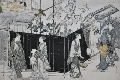 Du titre de cette estampe (ou « Ukiyo-e ») de 1787 ne subsiste qu'un seul mot : « ...nocturne... » Complétez et donnez la traduction littérale du mot entre parenthèses !