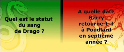 Toutes les questions de Drago sont en vert et à gauche : les réponses le concernant sont à gauche et en vert.

Toutes les questions de Harry sont en rouge et à droite : les réponses le concernant sont à droite et en rouge.