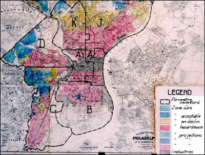 1938 > Sur cette carte du centre de Philadelphie, les quartiers sont différenciés (voir légende traduite). Quelle institution fédérale est à l'origine de ce type de documents ?