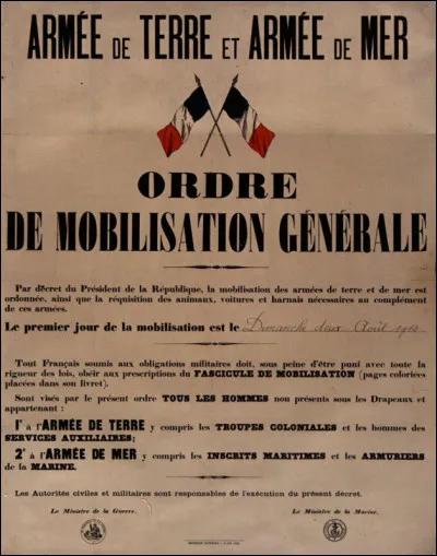 En France, à quelle date fut imprimé l'ordre de mobilisation pour la Première guerre mondiale ?