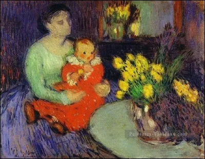 Qui a représenté cette mère et son enfant devant un vase de fleurs ?