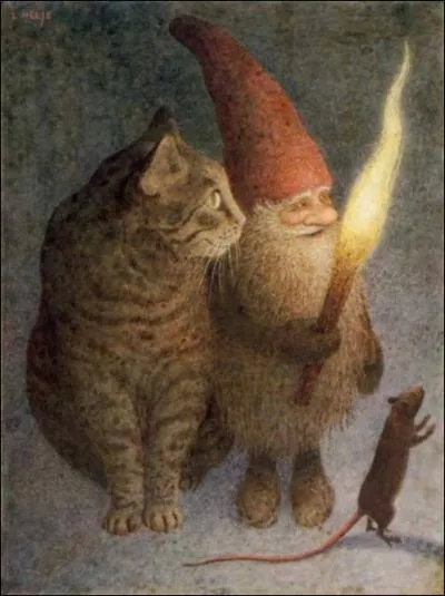 Ce gnome, peint par le Sudois Lennart Helje, vous souhaite la bienvenue. Quel animal lui tient compagnie ? (CLIQUER sur l'image pour l'agrandir. )