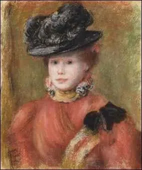 Femme au corsage rouge et au chapeau noir.