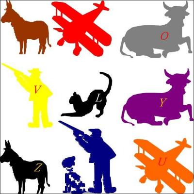 La combinaison : chasseur jaune, vache grise, avion orange, chat noir, âne noir et vache mauve. Quelle est la bonne réponse ?