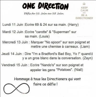 D'après le défi directioner qui a circulé sur Facebook , quel jour doit-on s'écrire sur la main "69" & "24" ?