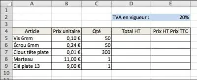 En n'écrivant qu'une formule qui sera recopiée vers le bas en D5 pour obtenir le total HT, quelle serait-elle si D5 est actuellement sélectionnée ?